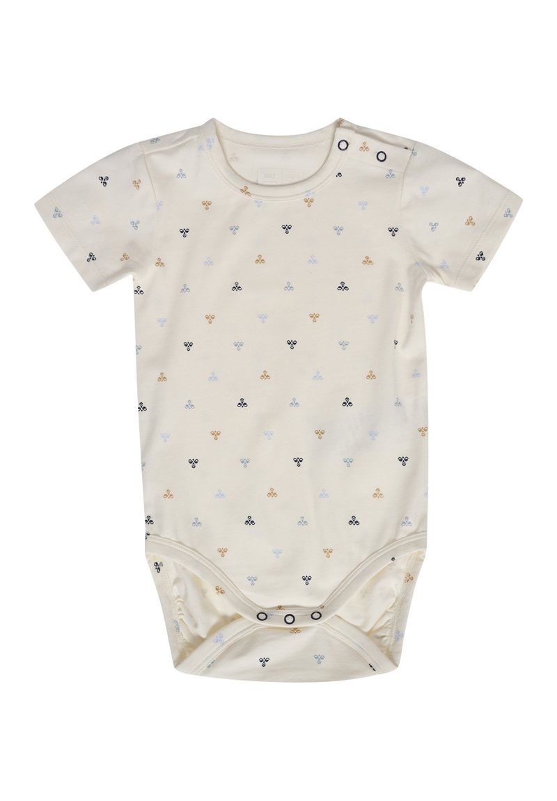 Bodysuit z krótkim rękawem w kremowym kolorze, wykonany z bawełny, z małymi, wzorzystymi motywami w kolorze czarnym, niebieskim i złotym. Posiada zatrzaski na ramieniu i dole.