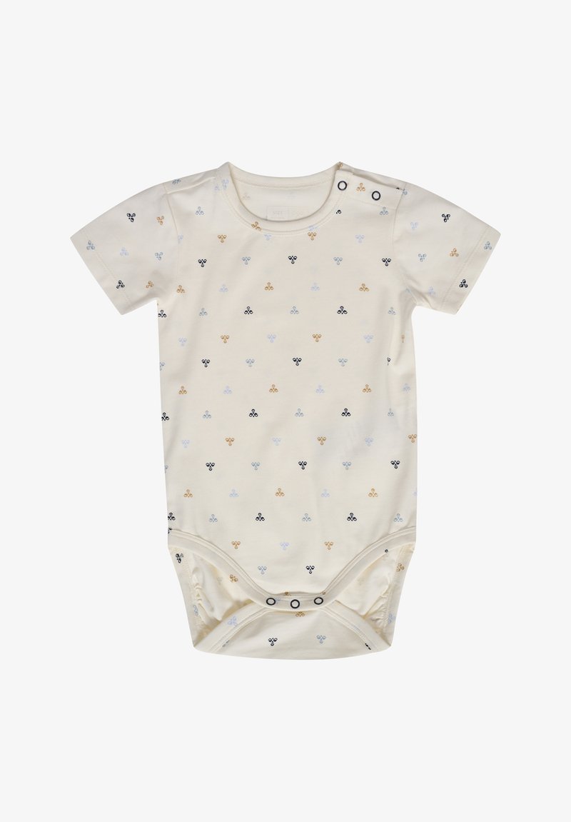 Kurzärmeliger Bodysuit aus cremefarbener Baumwolle mit kleinen, gemusterten Motiven in Schwarz, Blau und Gold. Verfügt über Druckknöpfe an der Schulter und am Boden.