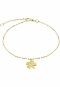 Bracciale in oro con pendente a forma di quadrifoglio liscio e lucido. Maglie delicate con chiusura a molla.