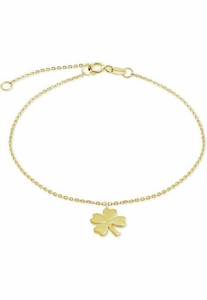 Goldkettchen-Armband mit einem glatten, polierten vierblättrigen Kleeblatt-Anhänger. Zarte Glieder mit einem Karabinerverschluss.