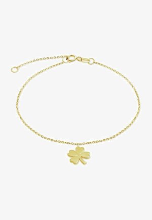 Goldkettchen-Armband mit einem glatten, polierten vierblättrigen Kleeblatt-Anhänger. Zarte Glieder mit einem Karabinerverschluss.