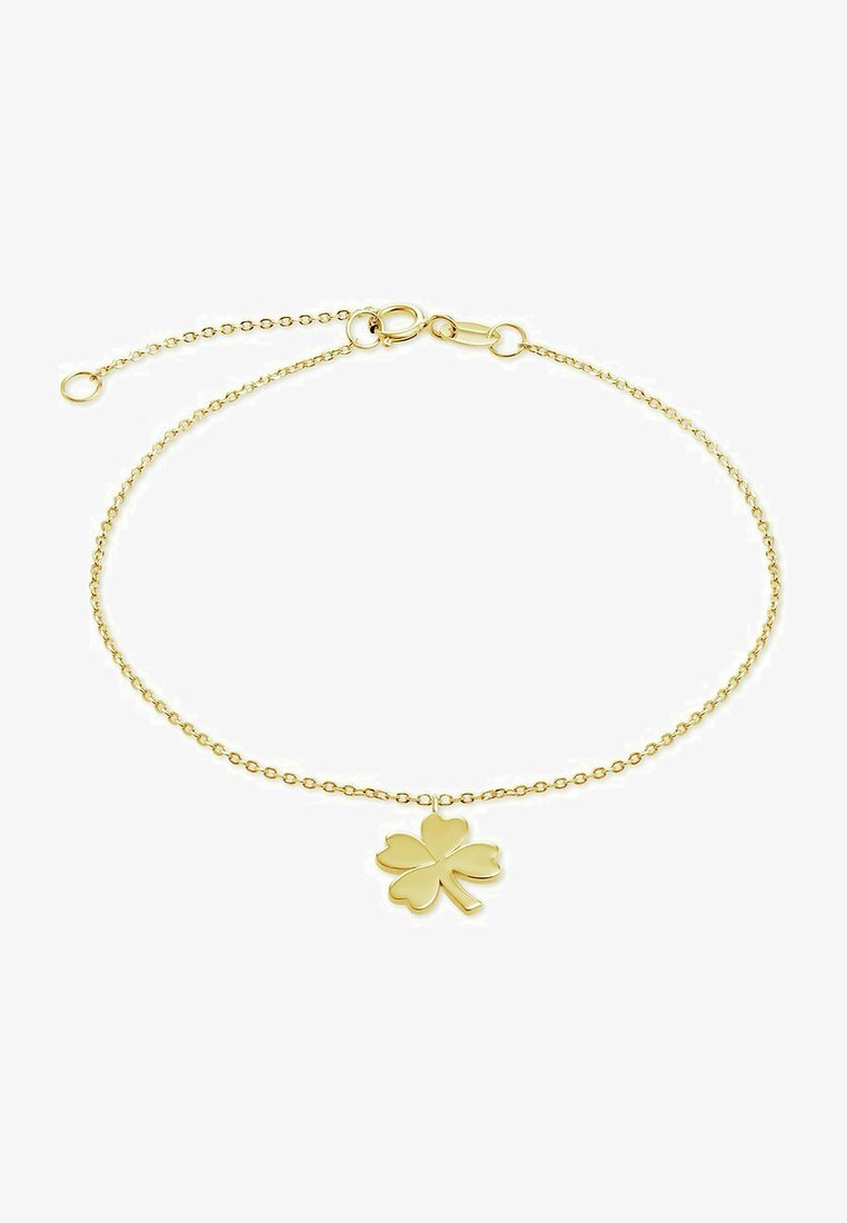 Bracciale in oro con pendente a forma di quadrifoglio liscio e lucido. Maglie delicate con chiusura a molla.