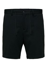 Černé šortky vyrobené z jemné tkaniny, s elastickým pasem a šňůrkou na stažení, a předním zapínáním na knoflík. Hladký povrch, jednoduchý design.