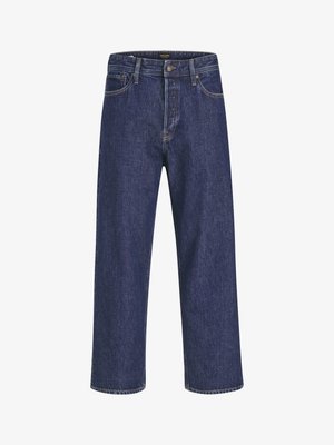 Dunkelblaue Denim-Jeans mit geradem Schnitt, Fünf-Taschen-Design, Metallknopfverschluss und kontrastierenden Nähten, die eine dezente Textur aufweisen.