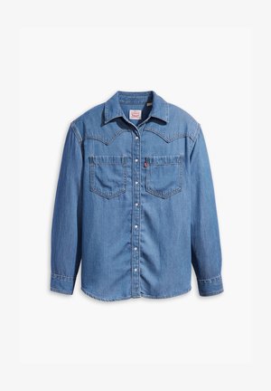 Camisa de mezclilla azul de manga larga con botones a presión, dos bolsillos en el pecho y cuello pointed, extendida sobre un fondo blanco.