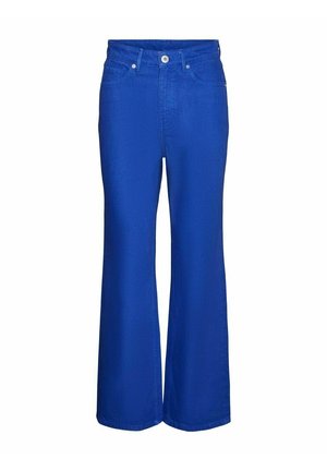 Niebieskie dżinsy z wysokim stanem, zapinane na guzik i zamek błyskawiczny, z przednimi kieszeniami i lekko rozszerzanymi, szerokimi nogawkami.