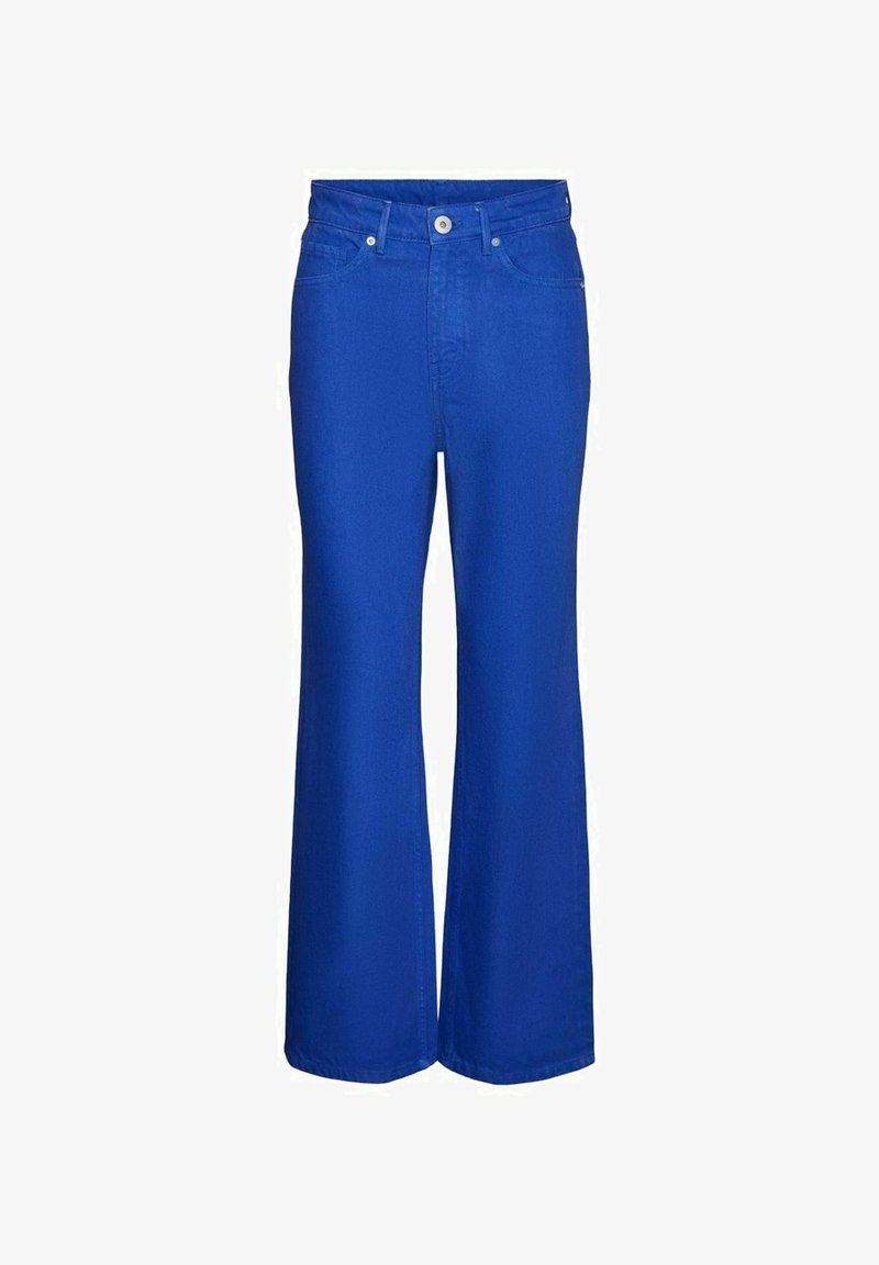 Jean bleu taille haute avec bouton et fermeture éclair, poches avant, jambes larges légèrement évasées.