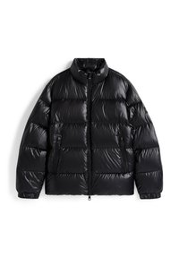 Black puffer jacket featuring a high collar, quilted texture, zip-front closure, and side pockets, made from shiny, water-resistant material.