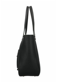 Borsa a mano nera in pelle con superficie texturizzata, forma allungata, doppio manico e piedini in metallo. Presenta una tasca laterale e una finitura liscia.