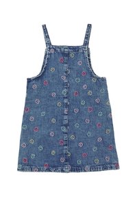 Denimska obleka z nastavljivimi naramnicami, ki ima večbarvne vezenine cvetnih motivov, raven kroj in sprednje zapiranje na gumb.