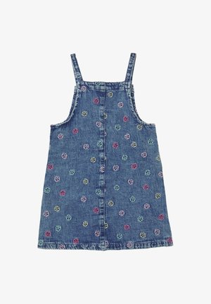 Jeanskleid mit verstellbaren Trägern, das mit mehrfarbigen gestickten Blumenmustern verziert ist, einem geraden Schnitt und einer Knopfleiste vorne.