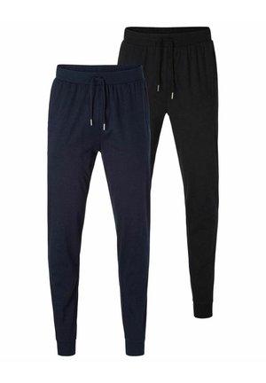 Two pairs of casual jogger pants, one navy blue and one black, both with elastic waistbands and drawstrings.