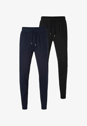 Zwei Paar lässige Jogginghosen, eine in Marineblau und eine in Schwarz, beide mit elastischem Bund und Kordelzug.