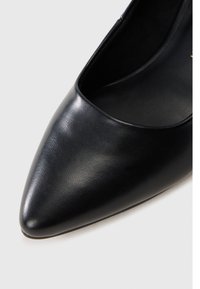 Chaussure plate pour femme en cuir noir à bout pointu, texture lisse et tige basse, présentée sur un fond clair uni.