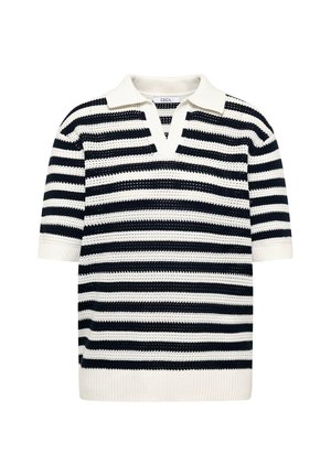 Polo en maille à manches courtes avec rayures horizontales noires et blanches et un col blanc, étiquette "Cecil" à l'intérieur du col.