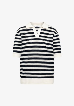 Polo en maille à manches courtes avec rayures horizontales noires et blanches et un col blanc, étiquette "Cecil" à l'intérieur du col.