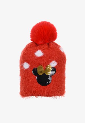 Gorro de lana rojo con un pompon esponjoso, con lunares blancos y un diseño de Mickey Mouse en negro y dorado con lentejuelas en la parte frontal.