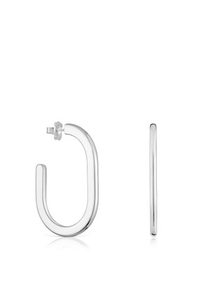 Pendientes de aro plateados con una forma redonda y suave y un ligero diseño en U. Presentan un cierre seguro y un acabado pulido. Estilo minimalista.