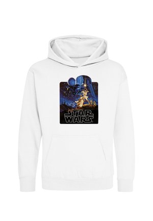 Hvid hættetrøje med Star Wars grafik featuring karaktererne Leia og Luke med lyssværd, Darth Vader hjelm og stjerneklar rumbaggrund.