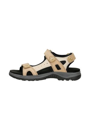 Sandale d'extérieur beige et noire avec des brides ajustables, une semelle rembourrée et une semelle robuste pour la randonnée ou un usage décontracté.