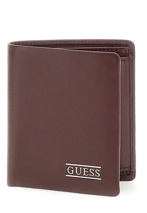 Brown leather wallet with a bi-fold design, featuring a silver GUESS logo on the front and visible stitching around the edges.