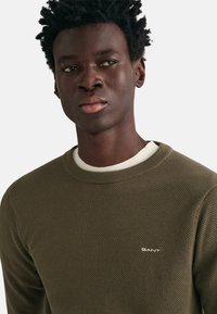 Groene gebreide trui met een gestructureerd patroon, voorzien van een crèmekleurige halslijn en een klein wit "GANT" logo op de borst.