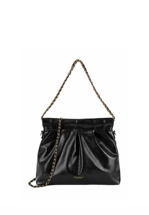 Schwarze Lederhandtasche mit gerafften Details und goldenen Kettenriemen, kleines goldenes Markenlogo unten in der Mitte.