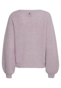 Hellpurpurner Strickpullover mit lockerer Passform, strukturierten breiten Bündchen und einem Drop-Shoulder-Design. Mit kleinem Logo auf der Rückseite.