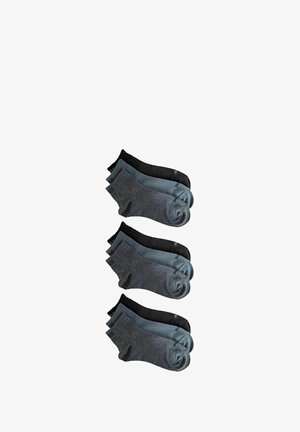 Set of six socks in three colors: black, dark gray, and light gray. Cotton blend with ribbed cuffs and reinforced toe detail.