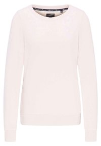 Sweat-shirt rose clair en tissu doux, avec manches longues, encolure arrondie, et poignets et ourlet côtelés. Aucun motif ou accent visible.