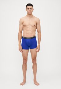 Boxerii scurți albaștri, confecționați dintr-un material elastic, cu un brâu elastic negru pe care este inscripționat logo-ul "POLO RALPH LAUREN". Croi ajustat pe corp.