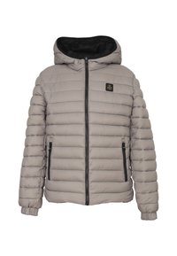 Giacca piumino grigia con cappuccio, caratterizzata da un design a quadrati orizzontali, zip nera e tasche laterali. Tessuto morbido e isolato con polsini elasticizzati.