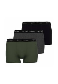 Drei Paare Herrenboxershorts in olivgrün, dunkelgrau und schwarz. Alle haben einen schwarzen, gebrandeten Bund mit einer glatten, baumwollartigen Textur.