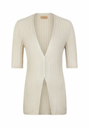 Cardigan en maille côtelée couleur crème avec manches courtes et deux boutons devant, avec un décolleté en V profond.