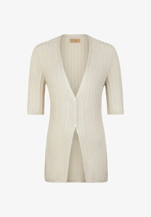 Kremowy kardigan dzianinowy w prążki z krótkimi rękawami i dwoma guzikami z przodu, z głębokim dekoltem w szpic.
