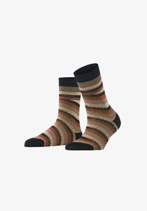 Gebreide sokken met draaierende strepen in bruin, crème en zwart; versterkte donkere teen en boord; katoenmengsel voor comfort en duurzaamheid.