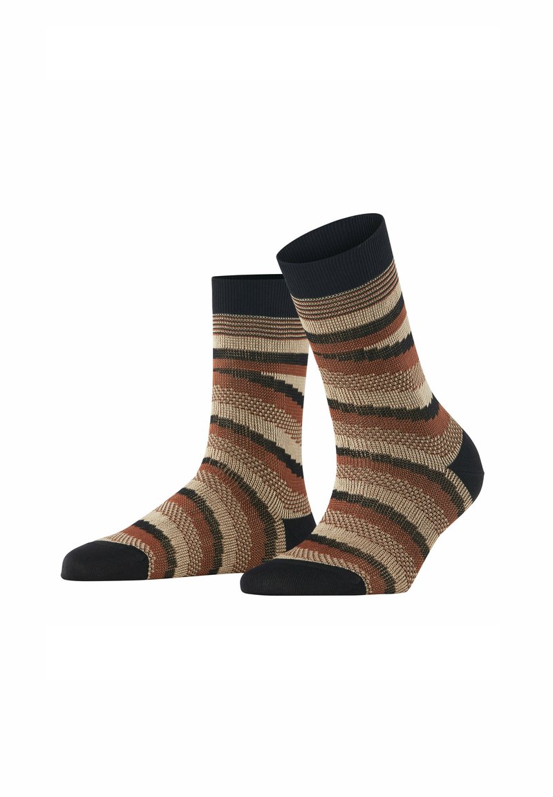 Stricksocken mit spiralförmigen Streifen in Braun, Creme und Schwarz; verstärkter dunkler Zehen- und Bündchenbereich; Baumwollmischung für Komfort und Langlebigkeit.