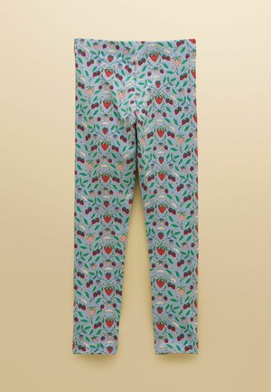 Colanți albastru deschis acoperiți cu un model de căpșuni roșii și roz și frunze verzi.