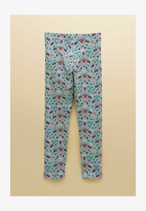 Vaaleansiniset leggingsit, joissa on punaisia ja pinkkejä mansikoita sekä vihreitä lehtiä sisältävä kuvio.