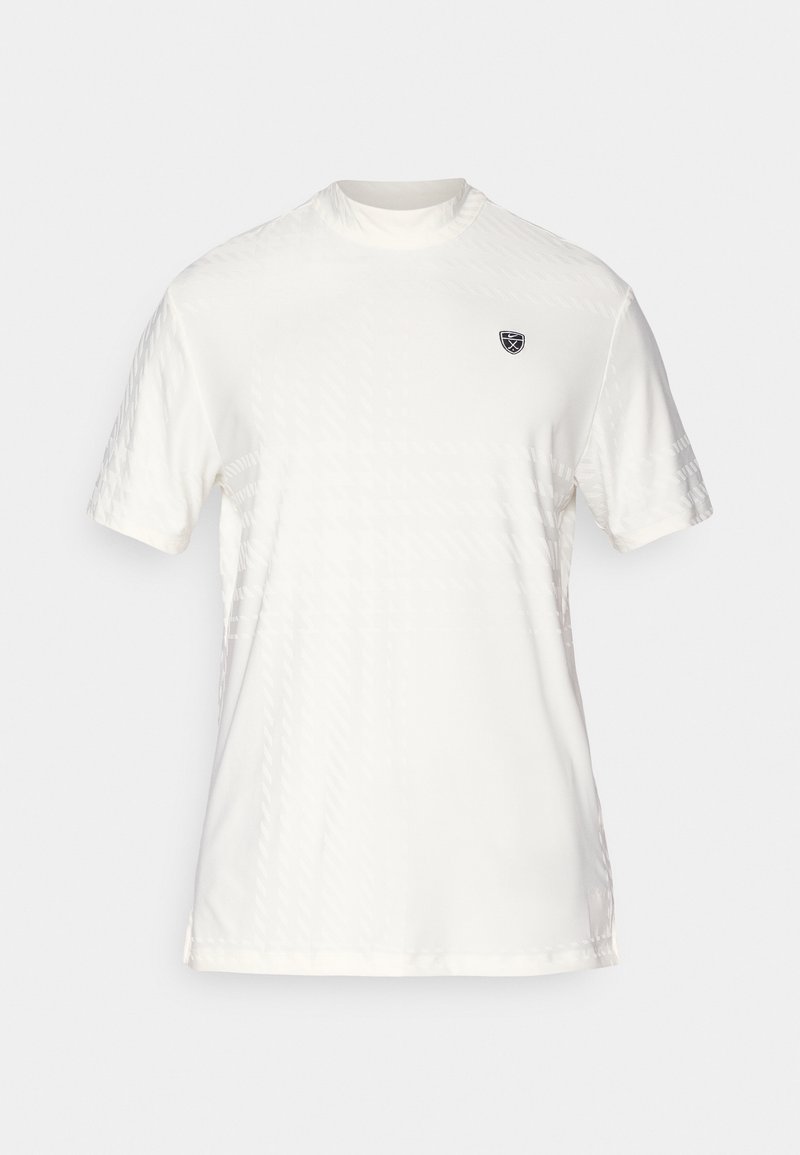 T-shirt bianca a maniche corte con motivo strutturato, scollo tondo e piccolo logo nero sul petto a sinistra. Tessuto liscio, design moderno.
