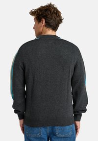 Grauer Pullover mit rippierter Saum- und Ärmelabschlüssen, der blaue und beige Streifen an den Schultern aufweist, aus einem weichen Strickmaterial gefertigt.