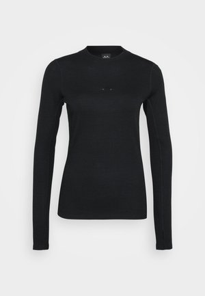 Black long-sleeve shirt made of a textured knit fabric. Features a crew neckline and subtle logo on the chest. Sleek and fitted design.