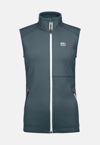 Ärmelloser Weste aus dunkelblauem Stoff, mit hohem Kragen, vollem Frontreißverschluss und zwei seitlichen Taschen mit schwarzen Akzenten.