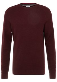 Herrlicher langarmiger burgunderroter Strickpullover mit Rundhalsausschnitt sowie gerippten Bündchen und Saum, aus einem schlicht strukturierten Stoff.