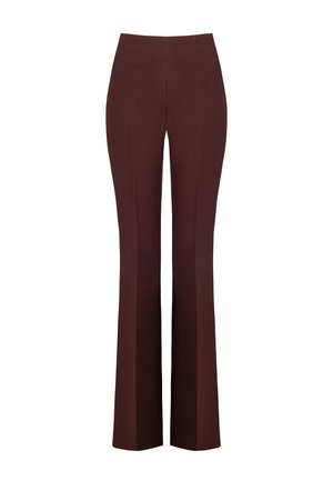 Pantaloni marroni a zampa d'elefante con vita alta, texture liscia e cuciture frontali piatte. Senza tasche o hardware visibile.