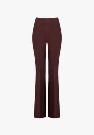 Pantaloni marroni a zampa d'elefante con vita alta, texture liscia e cuciture frontali piatte. Senza tasche o hardware visibile.