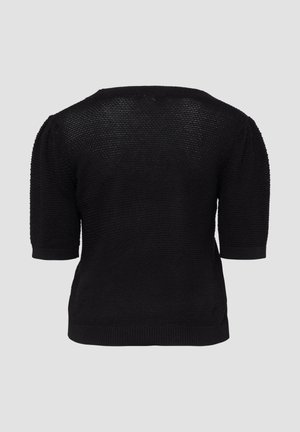 Black short-sleeve knitted sweater with a textured pattern and ribbed hem and cuffs, shown from the back against a plain background.