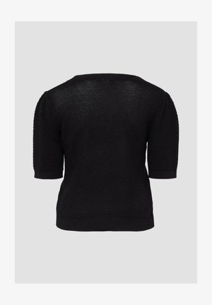 Schwarzer kurzärmeliger Strickpullover mit strukturiertem Muster und geripptem Saum sowie Bündchen, von hinten vor einem einfarbigen Hintergrund gezeigt.