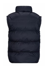 Navyblaue Pufferweste mit hohem Kragen und ärmellosem Design, ausgestattet mit horizontaler Steppung und einer glatten, glänzenden Textur.