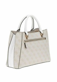 Borsa a mano beige a fantasia con accenti in pelle bianca, forma strutturata, doppio manico e tasca anteriore con zip. Dettagli in hardware dorato.